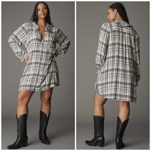 NWT Anthropologie The Keira Plaid Black White Long-Sleeve Mini Shirt Dress